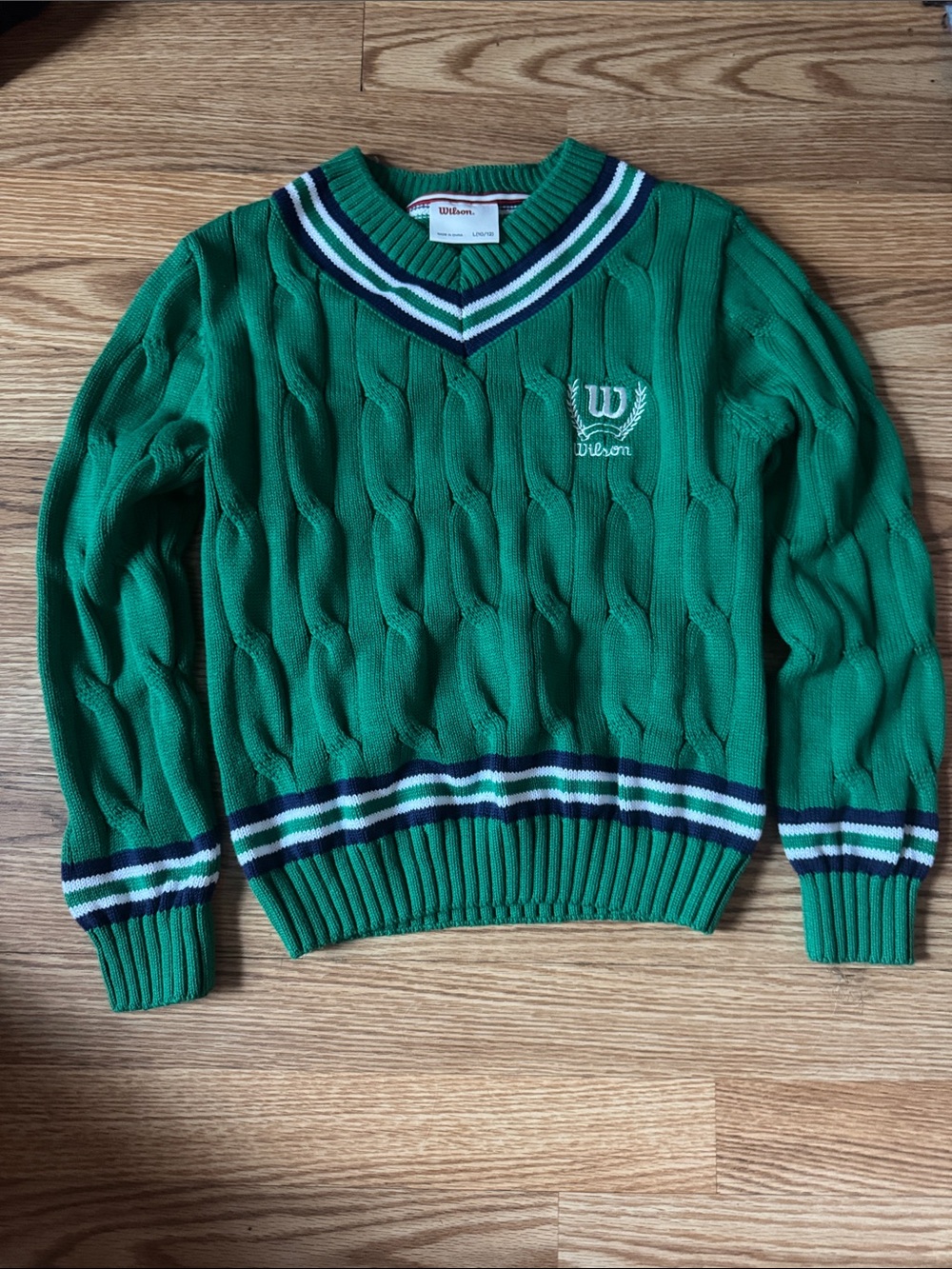 Wilson Green Cable-Knit V-Neck Sweater with Navy & White Trim